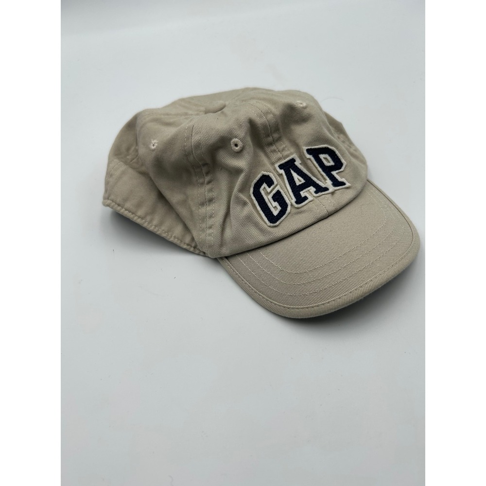 Baby Gap Toddler Khaki Tan Baseball Hat Navy Blue Logo Elastic Back Cap‎ S/M